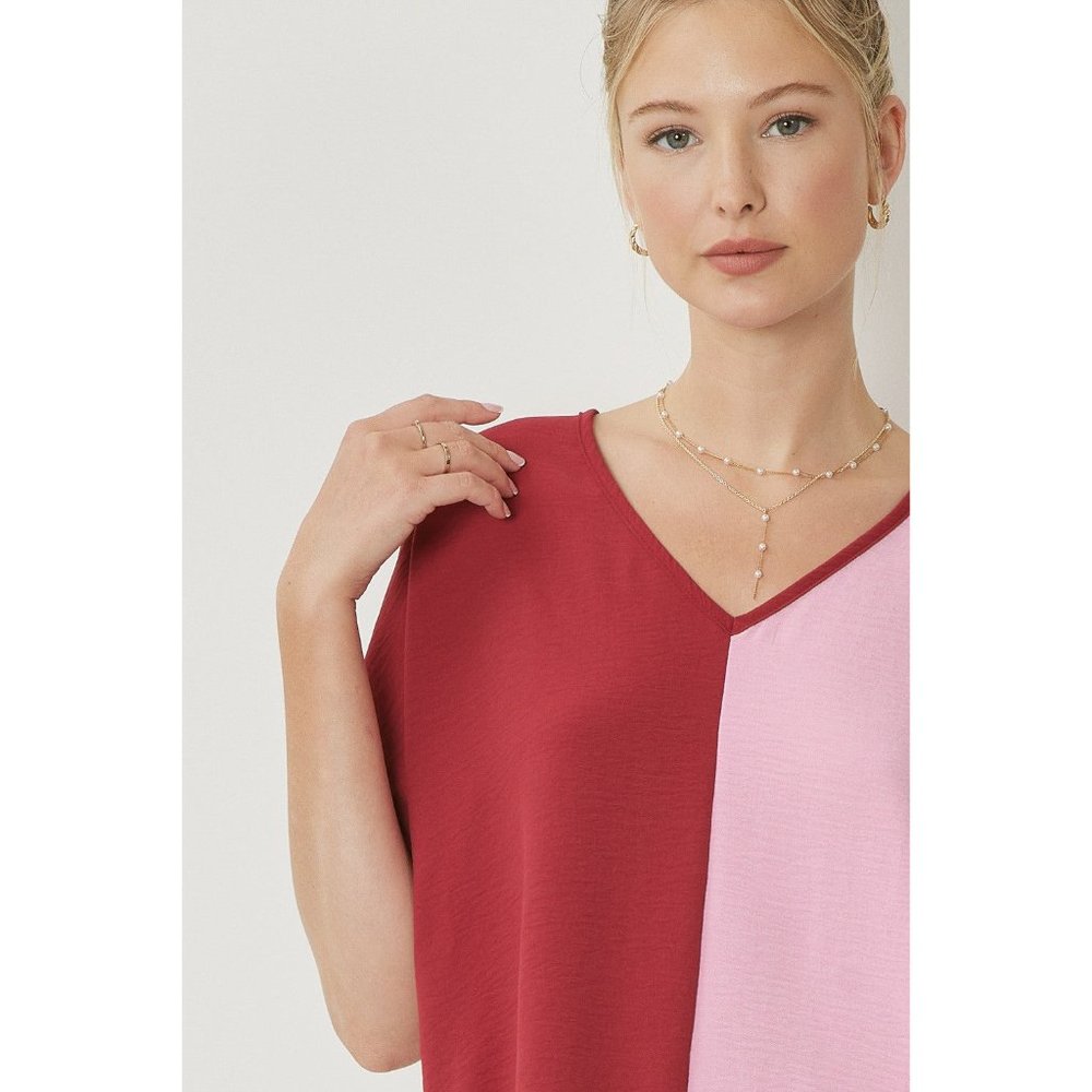 Entro Color Block V-Neck Top, Ruby - Picture 5 of 6